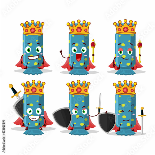 A Charismatic King blue long candy package cartoon character wearing a gold crown