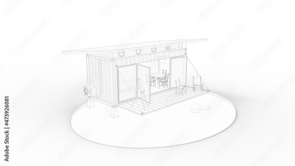 3D rendering of a tiny house small sustainable housing. Small housing environmment friendly.