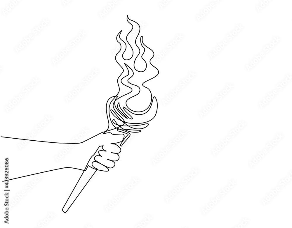 Vecteur Stock Single one line drawing hand holding torch on stick.  Primitive weapon. Burning club. Old primitive tool or item for lighting.  Fire and branch. Continuous line draw design graphic vector illustration