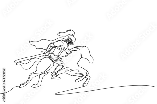 Single one line drawing medieval knight riding horse - horseback soldier with sword and shield. Knight on horseback. Medieval heraldry symbol. Continuous line draw design graphic vector illustration