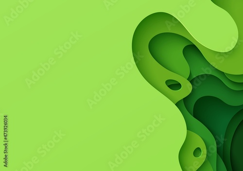 Abstract green background in paper cut style. 3d layout wallpaper cut out from cardboard. Modern template with abstract curve shapes. Vector environmental card with papercut waves for business poster.