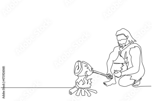 Continuous one line drawing prehistoric man sitting and cooking meat on bonfire. Caveman kneeling and cooking meat food on campfire. Ancient human. Single line draw design vector graphic illustration