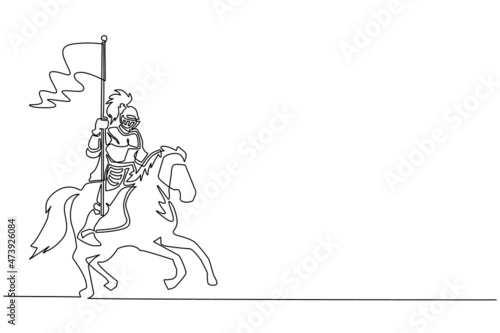 Single continuous line drawing medieval knight on horse carrying flag. Knight mounted in armor riding on horseback on horse holding flag. Ancient fighter. Dynamic one line draw graphic design vector