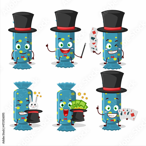 A blue long candy package Magician cartoon character perform on a stage