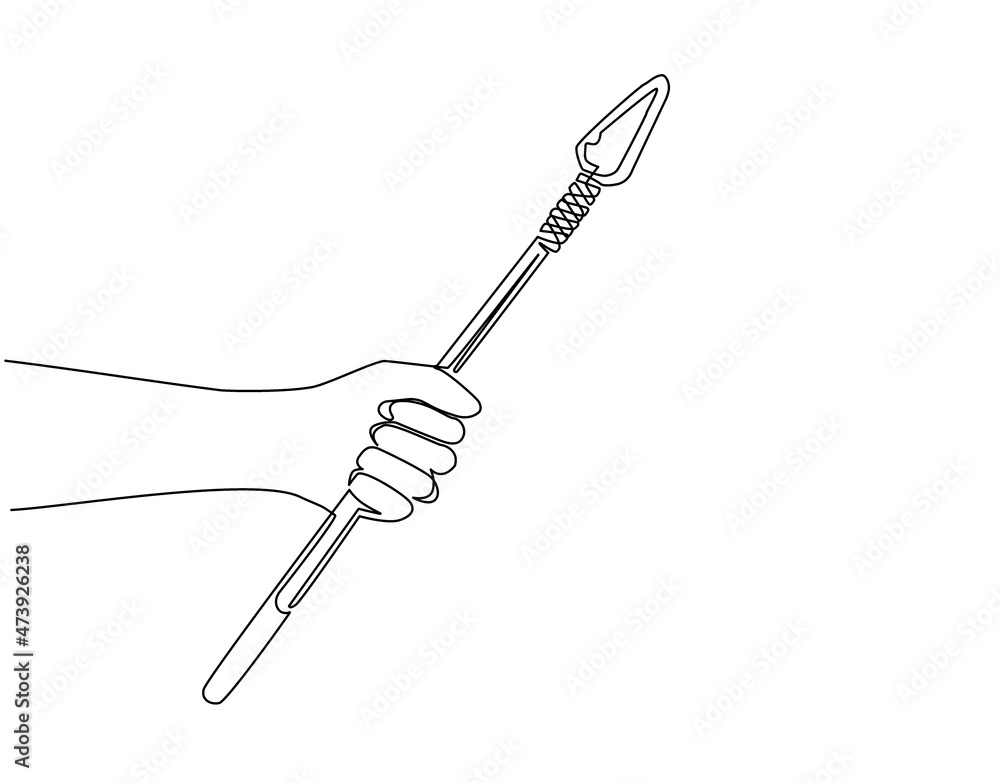 Continuous one line drawing man hand holding ancient stone age spear hunting and military weapon of prehistoric man. Primitive culture stone tool. Single line draw design vector graphic illustration Continuous one line drawing man hand holding ancient stone age spear hunting and military weapon of prehistoric man. Primitive culture stone tool. Single line draw design vector graphic illustration