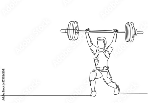 Continuous one line drawing young bodybuilder man doing exercise with a heavy weight bar in gym. Powerlifter train weightlifting. Healthy concept. Single line draw design vector graphic illustration