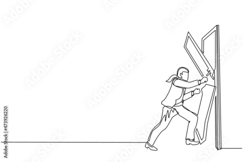 Continuous one line drawing young businesswoman punching and destroying door. Eliminating barrier of entries, overcome challenges, destroying obstacles with power force. Single line draw design vector