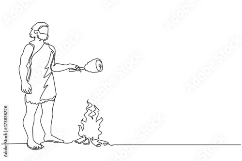 Continuous one line drawing prehistoric man standing and cooking meat on bonfire. Caveman stands and cooking meat food on campfire. Ancient, archaic human. Single line draw design vector illustration