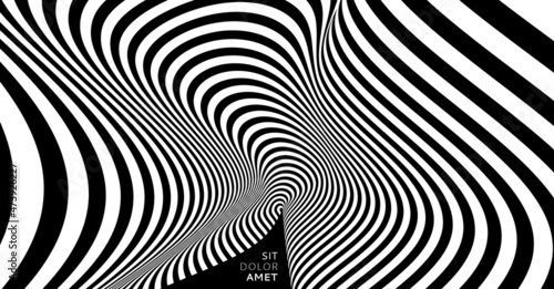 Black and white design. Pattern with optical illusion. Abstract striped background. Vector illustration.