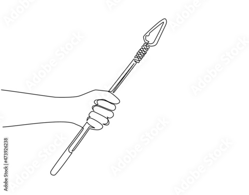 Continuous one line drawing man hand holding ancient stone age spear hunting and military weapon of prehistoric man. Primitive culture stone tool. Single line draw design vector graphic illustration