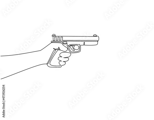 Continuous one line drawing hand holding gun shooting. Powerful pistol handgun. Military army firearm ammunition. Police arm hand caliber weapon. Single line draw design vector graphic illustration