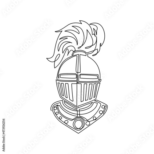 Single one line drawing knight in helmet armor, spartan warrior head. Medieval warrior knight in armour helmet with visor and plumage, heraldry symbols. Continuous line draw design vector illustration