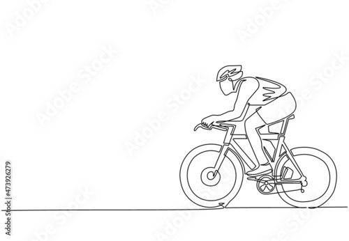 Single continuous line drawing young energetic man bicycle racer improve his speed at training session. Racing cyclist concept. Healthy cycling sport event. Dynamic one line draw graphic design vector
