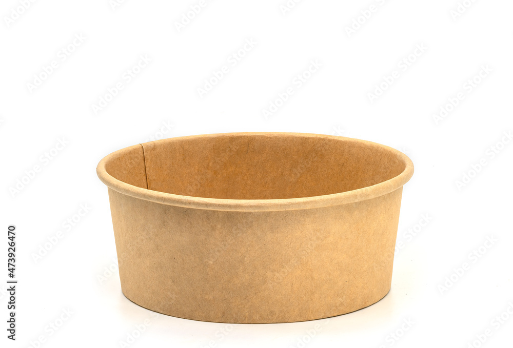 Close up empty delivery paper food box, brown box with round shape, front view image, blank space on the box, the isolated image on white background. Close up empty delivery paper food box, brown box with round shape, front view image, blank space on the box, the isolated image on white background.
