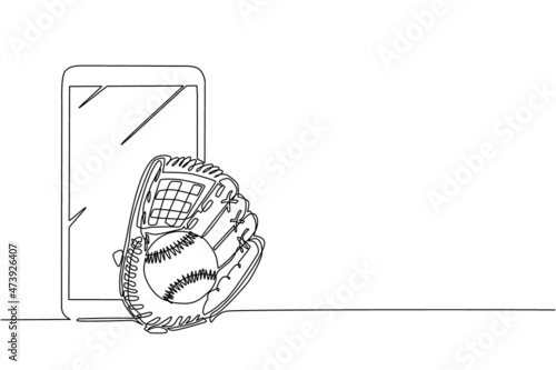 Single one line drawing baseball leather glove and ball with smartphone. Mobile sports play matches. Online baseball game with live mobile app. Continuous line draw design graphic vector illustration