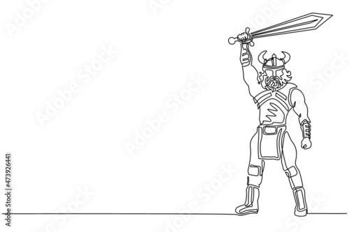Single continuous line drawing nordic man holding sword up in the air. Vector of warrior wearing viking war armor. Character from pagan and scandinavian mythology. One line draw design illustration