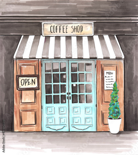 Hand drawn watercolor art.Vintage coffee shop on city street.