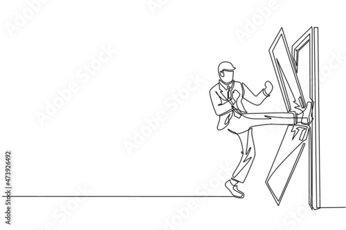Single continuous line drawing businessman kicks the door until door shattered. Man kicking locked door and destroy. Business concept of overcoming obstacles. One line draw design vector illustration