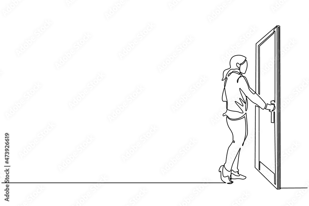 Single continuous line drawing businesswoman holding door knob. Entering room in office building. Girl holding door knob to open door and enter work space. Dynamic one line draw graphic design vector