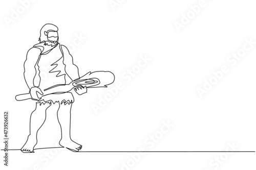 Single one line drawing caveman holding big wooden club or cudgel. Prehistoric bearded man dressed in animal pelt. Neanderthal hunter. Ancient homosapiens. Continuous line draw design graphic vector