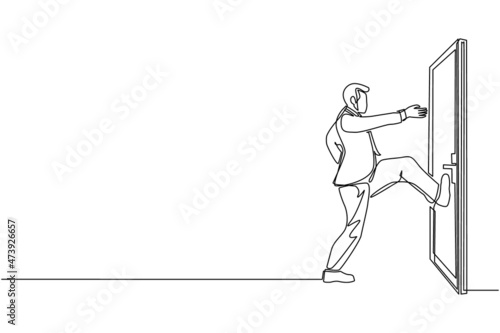 Single one line drawing businessman kicks door closed with his leg. Business and success. Aggressive business approach. Business struggles. Continuous line draw design graphic vector illustration © Simple Line