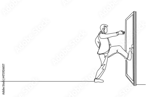 Single one line drawing businessman kicks door closed with his leg. Business and success. Aggressive business approach. Business struggles. Continuous line draw design graphic vector illustration