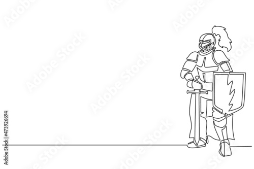 Single continuous line drawing medieval knight standing in armor and helmet holding shield and sword. Medieval heraldry symbol. Historical ancient military. One line draw design vector illustration