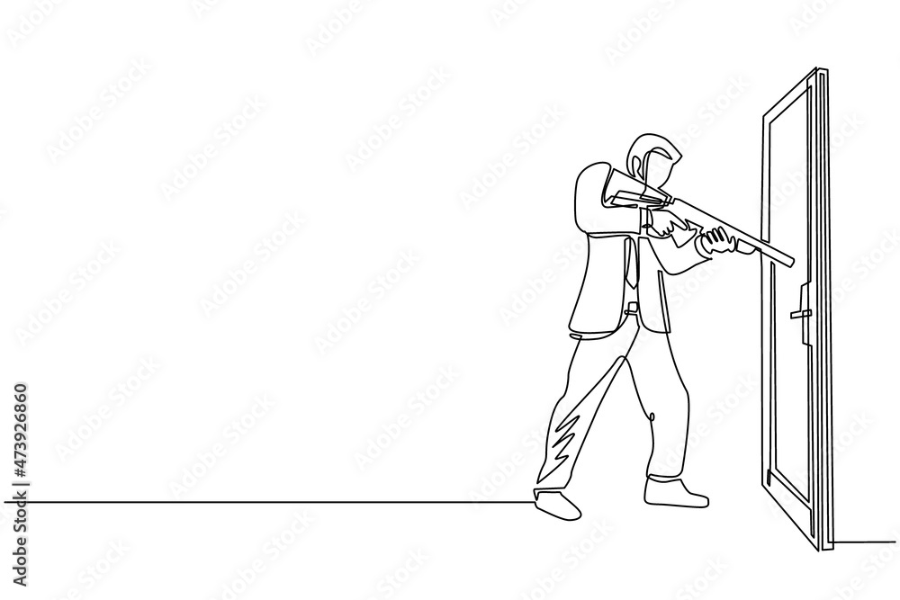 Single one line drawing businessman pointing shotgun at doorknob. Business breakthrough struggle. The power to succeed. Open closed door. Modern continuous line draw design graphic vector illustration
