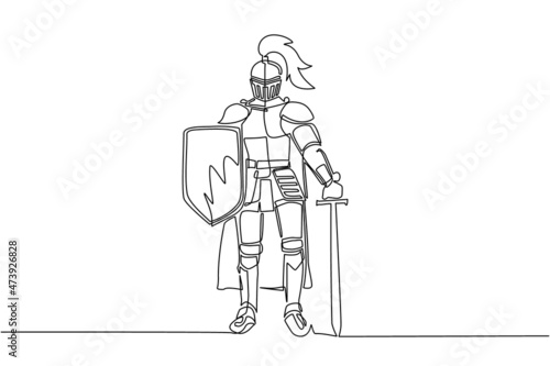 Continuous one line drawing medieval knight standing in armor and helmet holding shield and sword. Full body armor suit, European medieval knight character. Single line draw design vector illustration