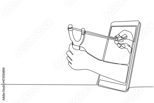 Single one line drawing hand holding wooden slingshot through mobile phone. Concept of video games, e-sport, entertainment application for smartphones. Continuous line draw design vector illustration