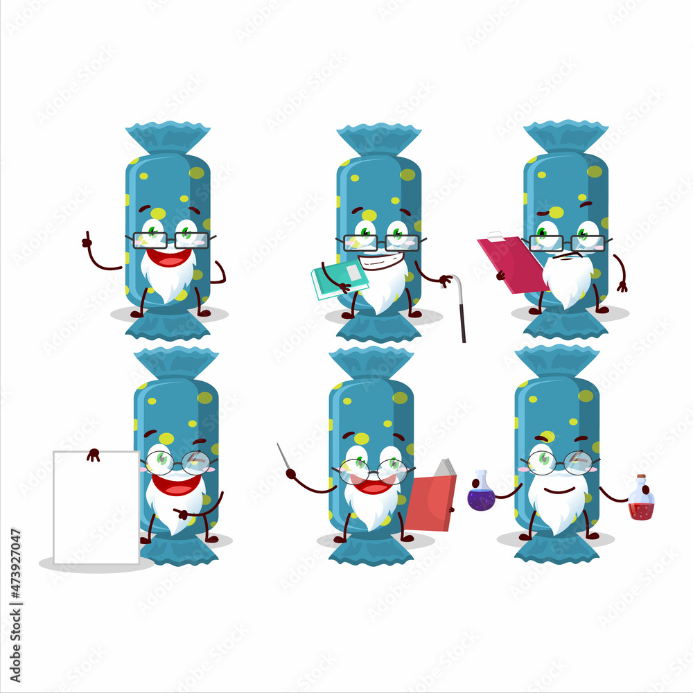 Fototapeta premium Professor blue long candy package academic cartoon character working on laboratory