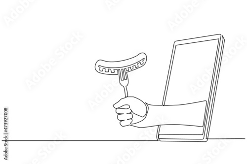 Continuous one line drawing hand holding sausage on fork through mobile phone. Concept of restaurant order delivery online food. Application for smartphones. Single line draw design vector graphic