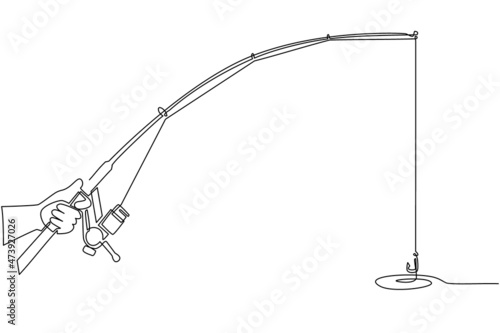 Continuous one line drawing fisherman hand holding fishing rod. Fisherman holds fishing rod with reel in his hands, spinning rods. Fishing rod close up. Single line draw design vector illustration