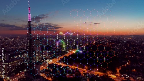 Aerial cityscape of smart city with futuristic cyber security effect. Innovation. Connection and social media. Sao Paulo Brazil. Data analysis. Cyber technology. Cloud computing. Cyber security. photo