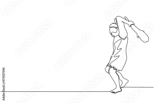 Single continuous line drawing caveman holding and raised cudgel overhead. Prehistoric man hunter. Ancient man is hunting animal for food. Dynamic one line draw graphic design vector illustration