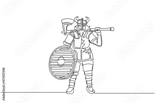 Single continuous line drawing norseman viking warrior raider barbarian wearing horned helmet with beard holding axe and shield on isolated white background. One line draw design vector illustration