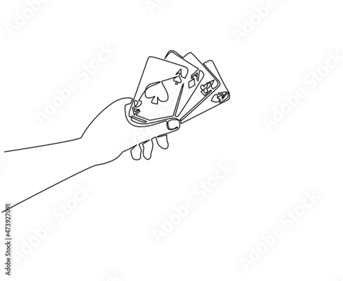 Single one line drawing hand holding four aces, poker playing card concept. Hand holds playing cards: spades, hearts, diamonds and clubs. Poker game symbol. Continuous line draw design graphic vector