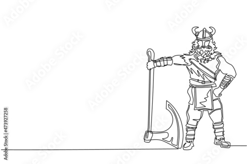 Continuous one line drawing male viking with strong physique and bellicose air stands holding axe. Norseman warrior wearing horned helmet with beard holding axe. Single line draw design vector graphic