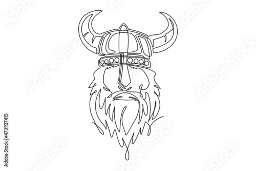 Single continuous line drawing head of bearded viking warrior with horned helmet. Vikings team logo. Sport label with viking illustration. Warrior in helmet logo mascot. One line draw design vector