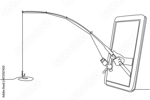 Continuous one line drawing fisherman hand holds fishing rod through mobile phone Fototapet