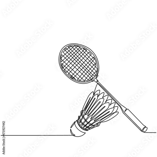 Continuous one line drawing badminton racket and white shuttlecock. Equipments for badminton game sport isolated on background in flat design. Racket and shuttlecock. Single line draw design vector