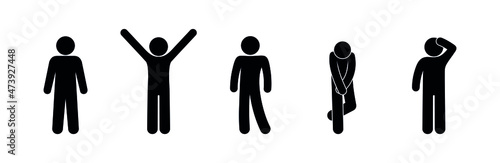 man icon, various poses stick men set, modesty and sociability illustration, stick figure people