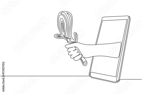 Continuous one line drawing hand holding weapon cudgel through mobile phone. Concept of video games, e-sport, entertainment application for smartphones. Single line draw design vector illustration