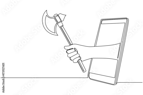 Continuous one line drawing hand holding battle axe through mobile phone. Concept of video games, e-sport, entertainment application for smartphone. Single line draw design vector graphic illustration