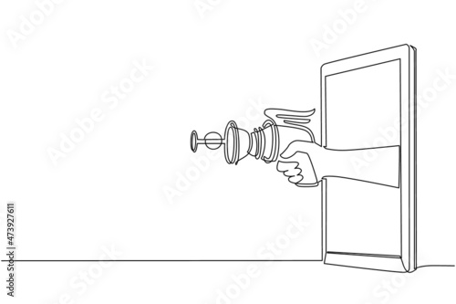 Single one line drawing hand holding space blaster through mobile phone. Concept of battle video games, e-sport, entertainment application for smartphones. Continuous line draw design graphic vector