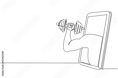 Single one line drawing bodybuilder hand holds dumbbell through mobile phone. Smartphone with fitness games app. Mobile sports stream championship. Modern continuous line draw design graphic vector