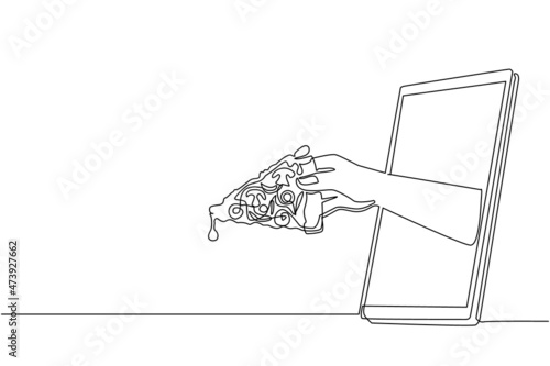 Single one line drawing hand holding pizza slice through mobile phone. Concept of restaurant order delivery online food. Application for smartphones. Continuous line draw design vector illustration