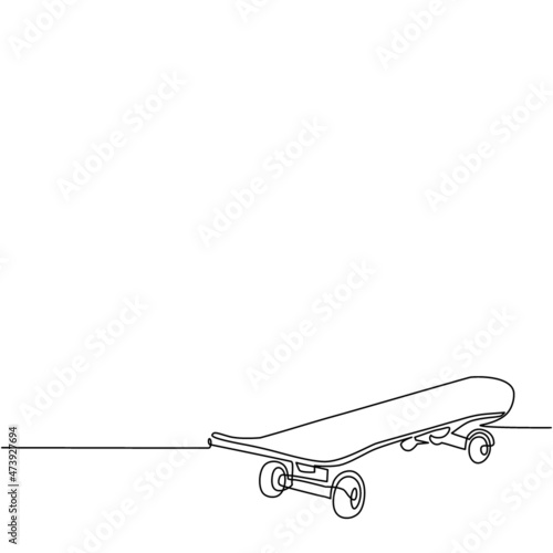 Single one line drawing skateboard with wheel for active lifestyle, extreme sport youth activity, balance street eco transport. skateboard, longboard. Continuous line draw design vector illustration