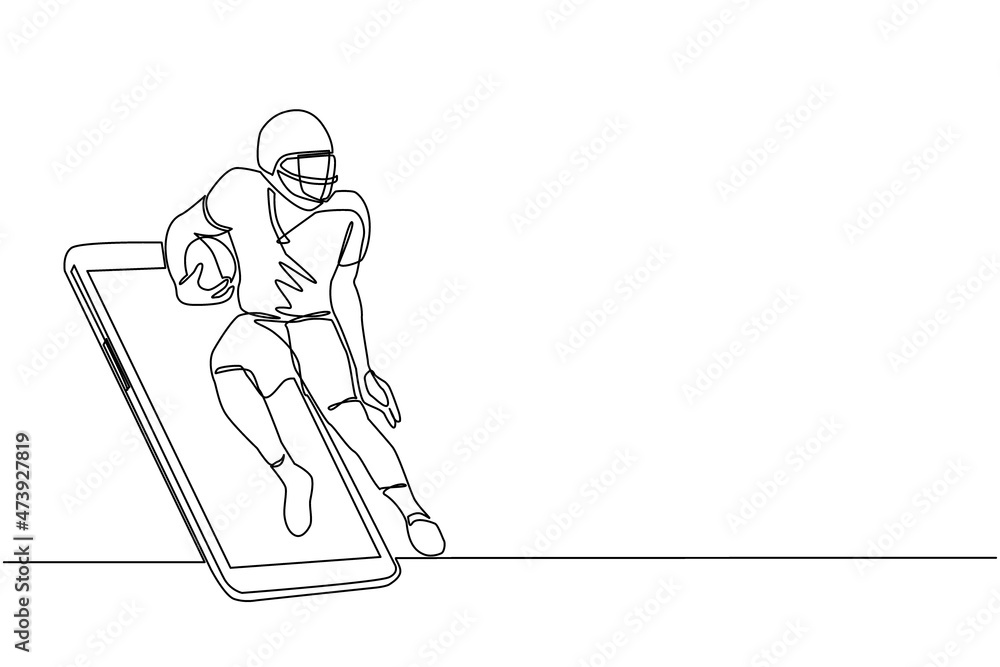 Single continuous line drawing american football player running getting out of smartphone screen. Mobile sports play matches. Online american football game mobile app. One line draw design vector