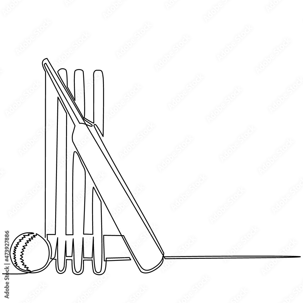 Continuous one line drawing cricket bat, ball, and wicket stumps